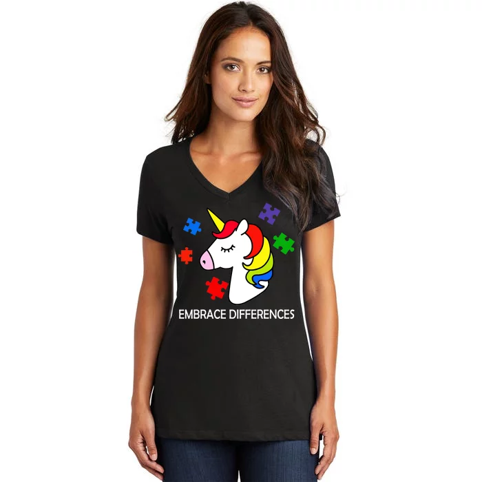 Unicorn Embrace The Differences Autism Women's V-Neck T-Shirt