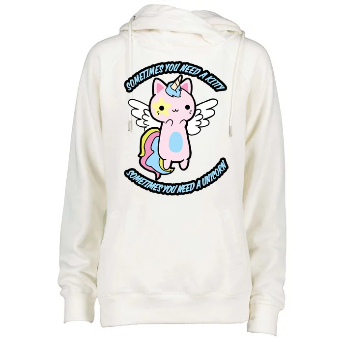 Unicorn Kitty Funny Cute Meme Womens Funnel Neck Pullover Hood