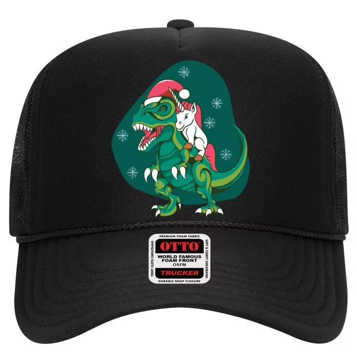 Unicorn Ridding Dinosaur Christmas High Crown Mesh Trucker Hat