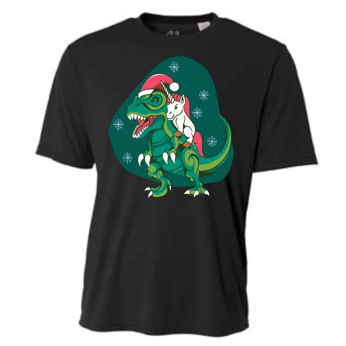 Unicorn Ridding Dinosaur Christmas Cooling Performance Crew T-Shirt