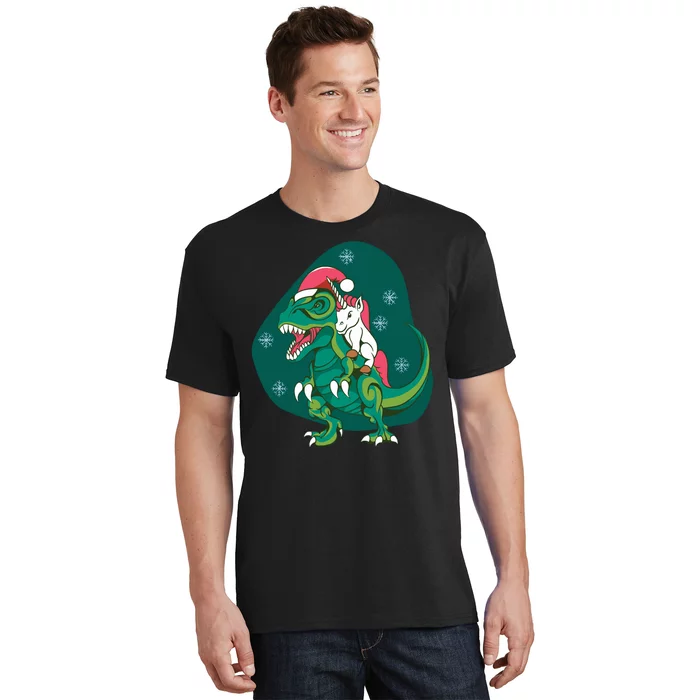 Unicorn Ridding Dinosaur Christmas T-Shirt