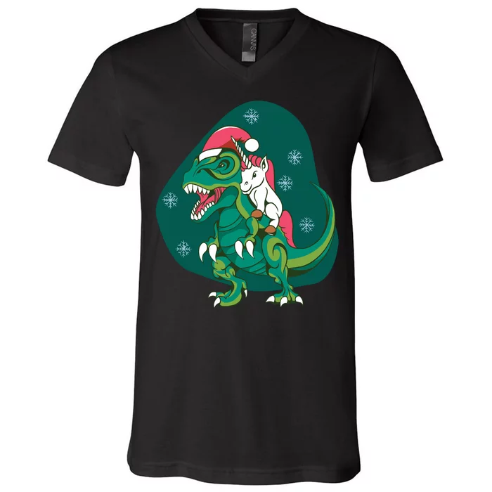 Unicorn Ridding Dinosaur Christmas V-Neck T-Shirt