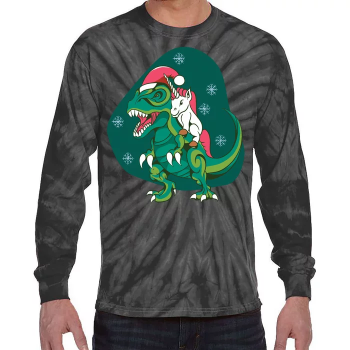 Unicorn Ridding Dinosaur Christmas Tie-Dye Long Sleeve Shirt