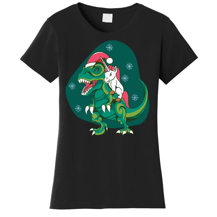 Unicorn Ridding Dinosaur Christmas Women's T-Shirt