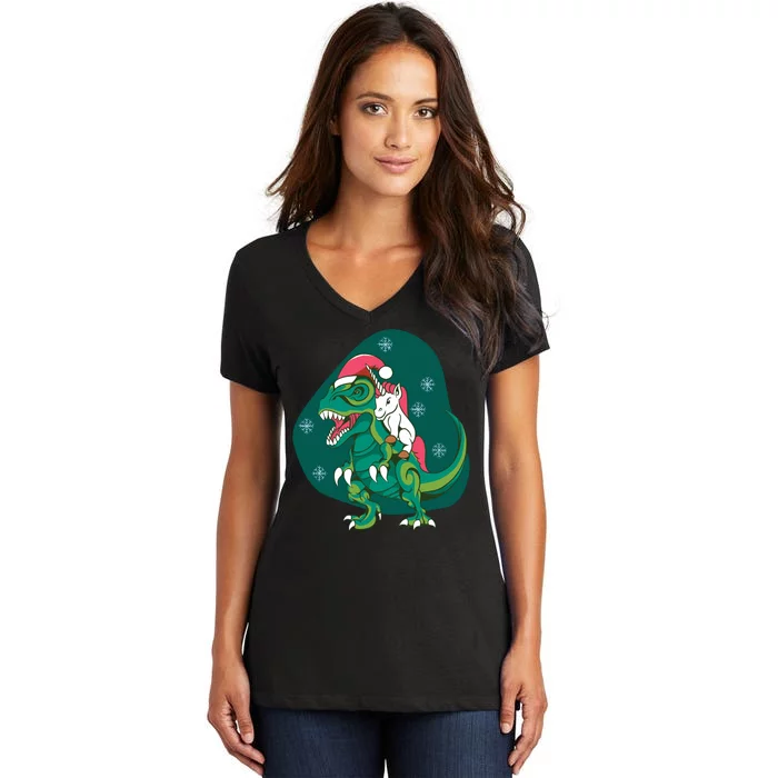 Unicorn Ridding Dinosaur Christmas Women's V-Neck T-Shirt