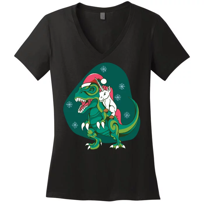 Unicorn Ridding Dinosaur Christmas Women's V-Neck T-Shirt