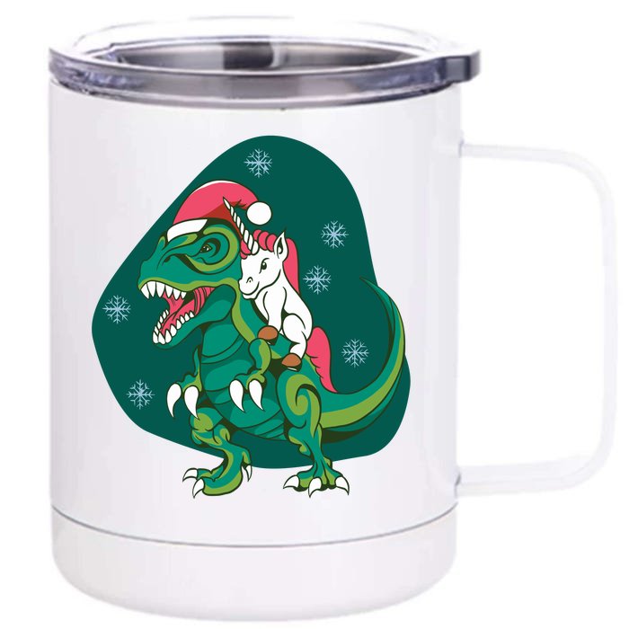 Unicorn Ridding Dinosaur Christmas Front & Back 12oz Stainless Steel Tumbler Cup