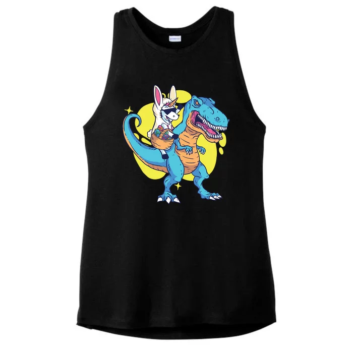 Unicorn Riding Trex Easter Ladies Tri-Blend Wicking Tank