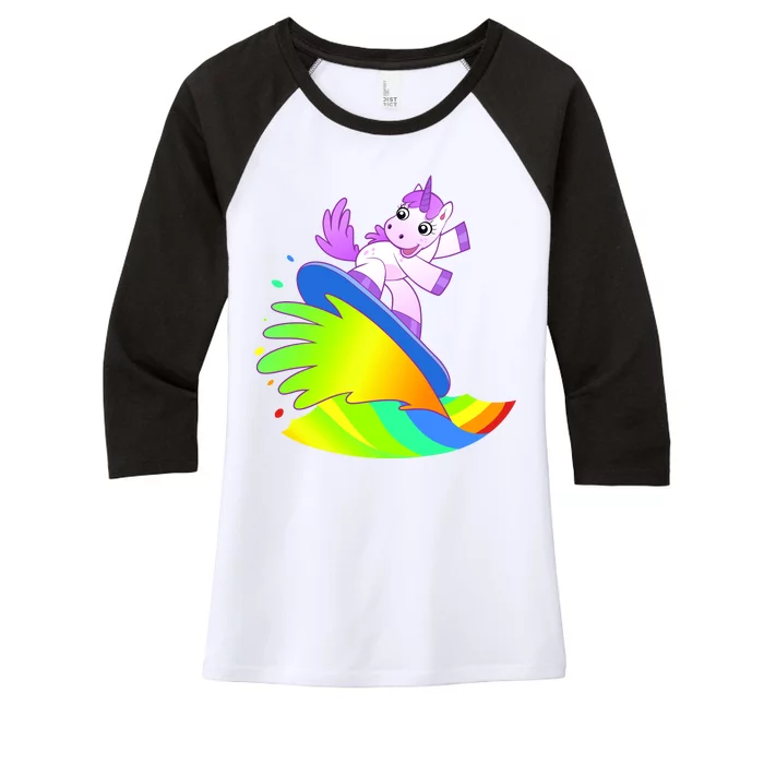 Unicorn Surfing On the Rainbow Women's Tri-Blend 3/4-Sleeve Raglan Shirt