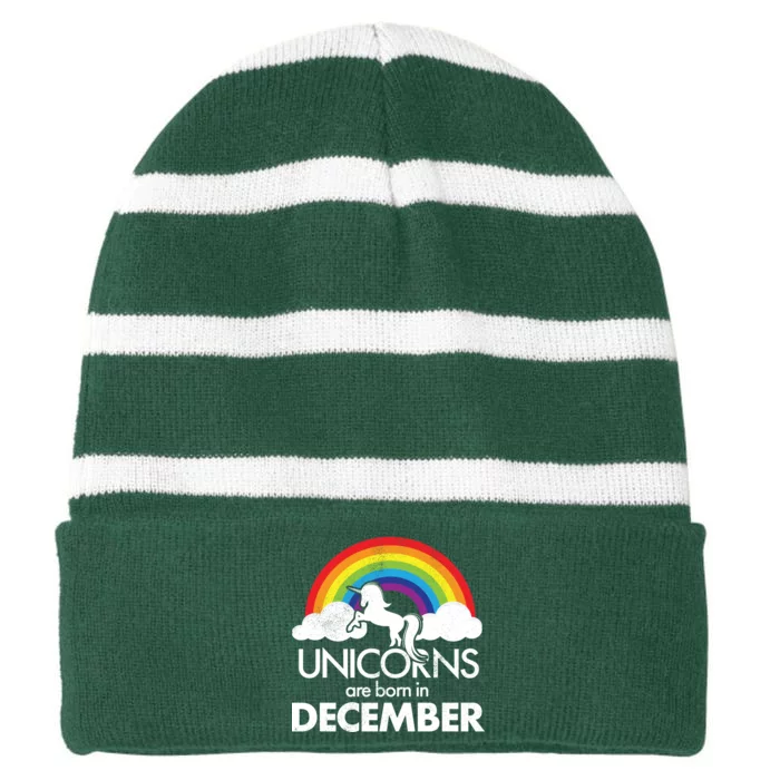 Unicorns Are Born In December Rainbow Retro Striped Beanie with Solid Band