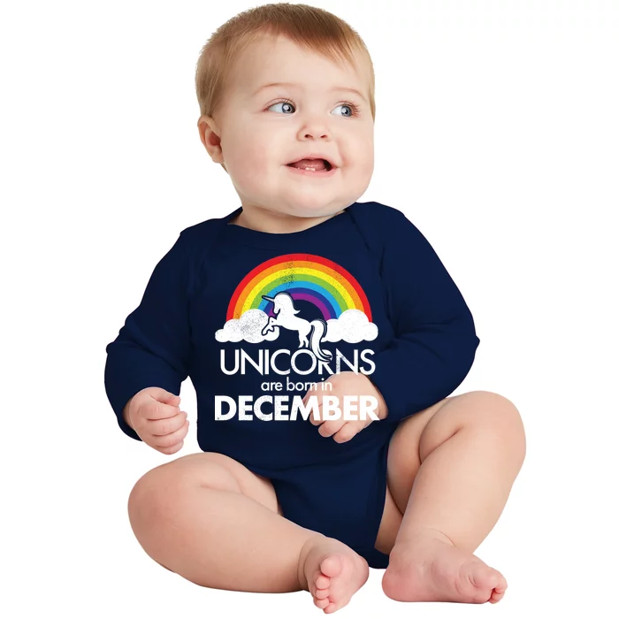 Unicorns Are Born In December Rainbow Retro Baby Long Sleeve Bodysuit