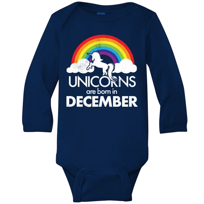 Unicorns Are Born In December Rainbow Retro Baby Long Sleeve Bodysuit