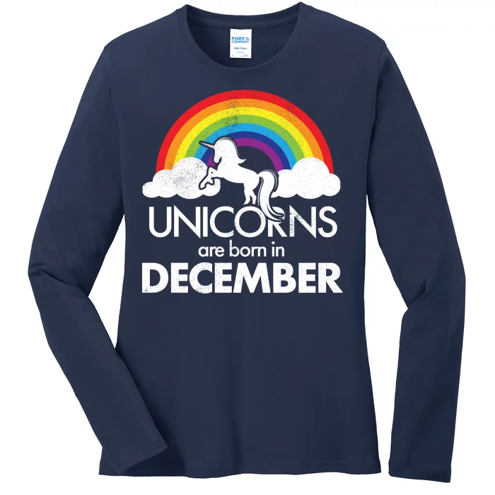 Unicorns Are Born In December Rainbow Retro Ladies Long Sleeve Shirt