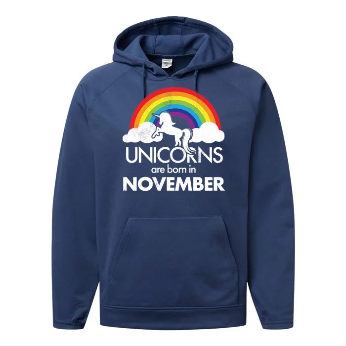 Unicorns Are Born In November Rainbow Retro Performance Fleece Hoodie