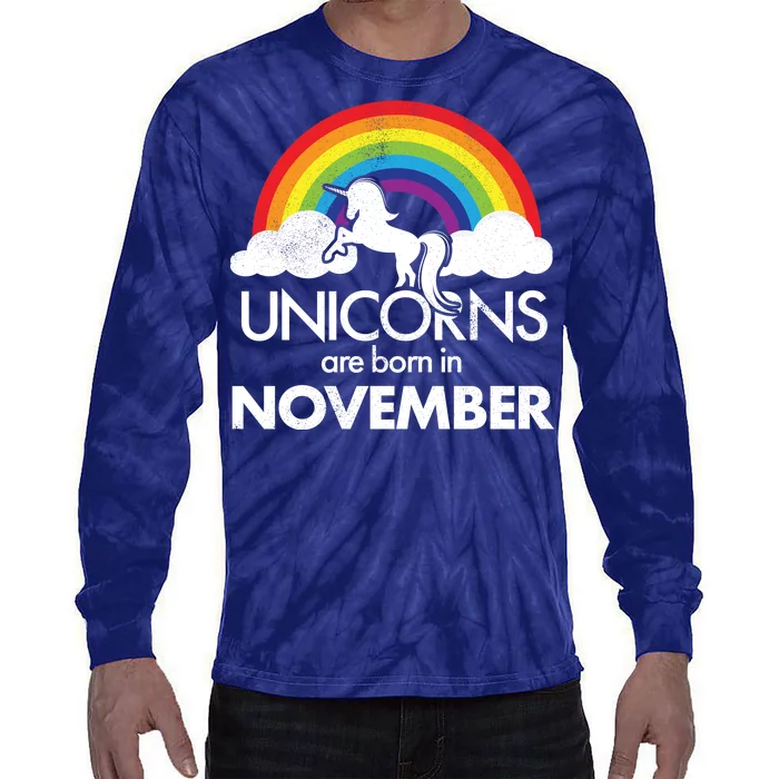 Unicorns Are Born In November Rainbow Retro Tie-Dye Long Sleeve Shirt