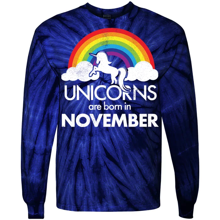 Unicorns Are Born In November Rainbow Retro Tie-Dye Long Sleeve Shirt