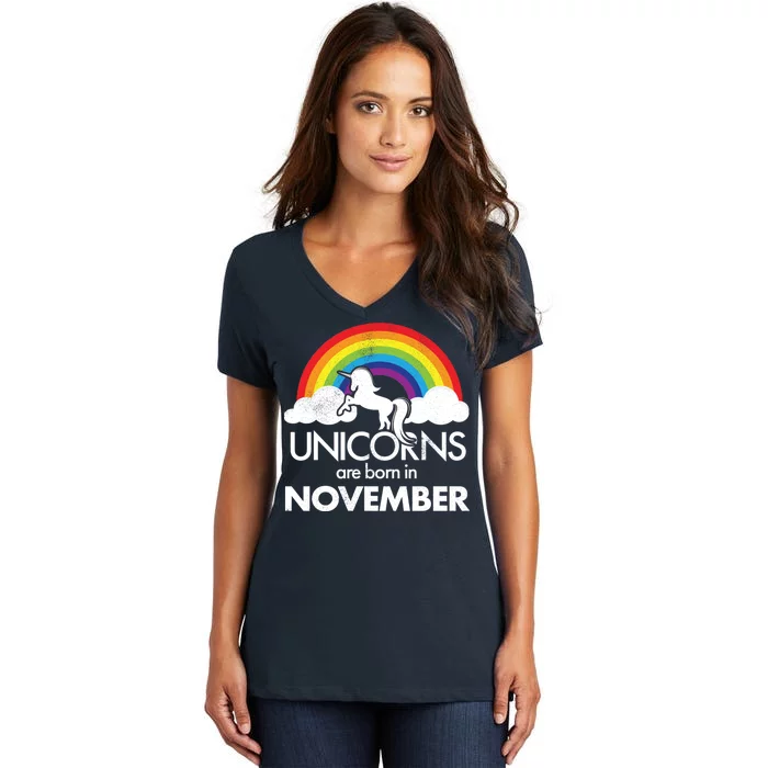 Unicorns Are Born In November Rainbow Retro Women's V-Neck T-Shirt