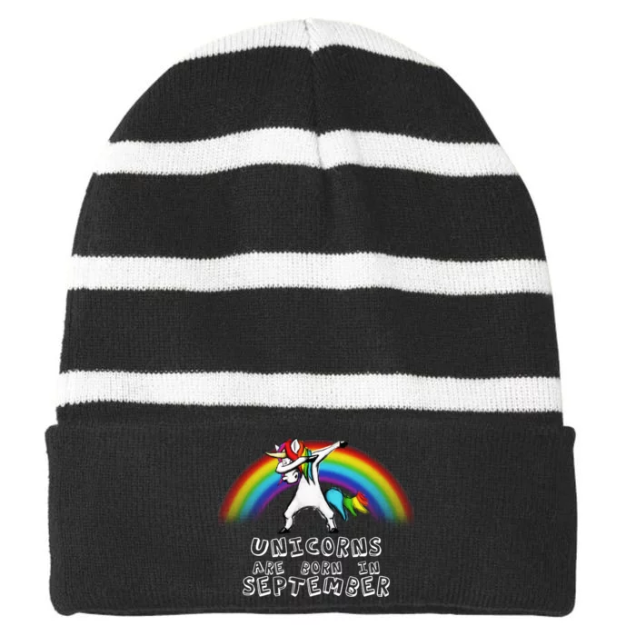 Unicorns Are Born In September Birthday Striped Beanie with Solid Band