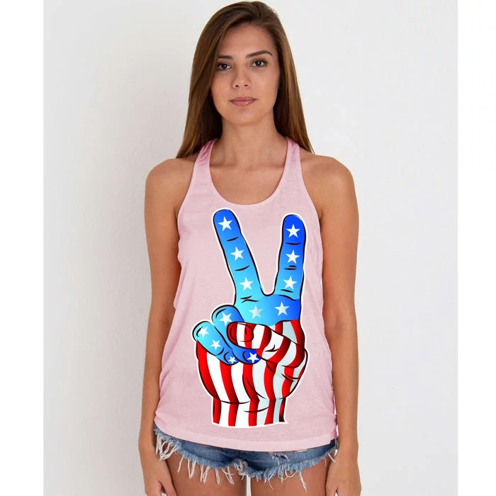 United States of America Peace Flag Stars Women's Knotted Racerback Tank