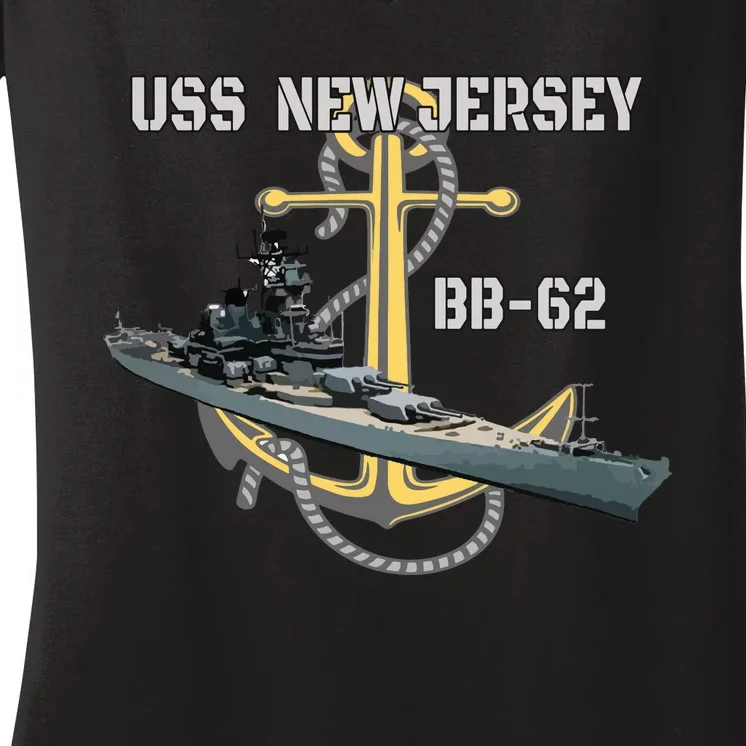 Uss New Jersey Bb62 Battleship Ww2 American Warship Veteran Women's V-Neck T-Shirt