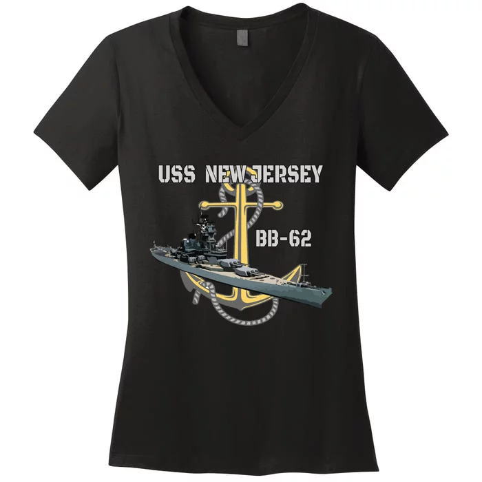 Uss New Jersey Bb62 Battleship Ww2 American Warship Veteran Women's V-Neck T-Shirt