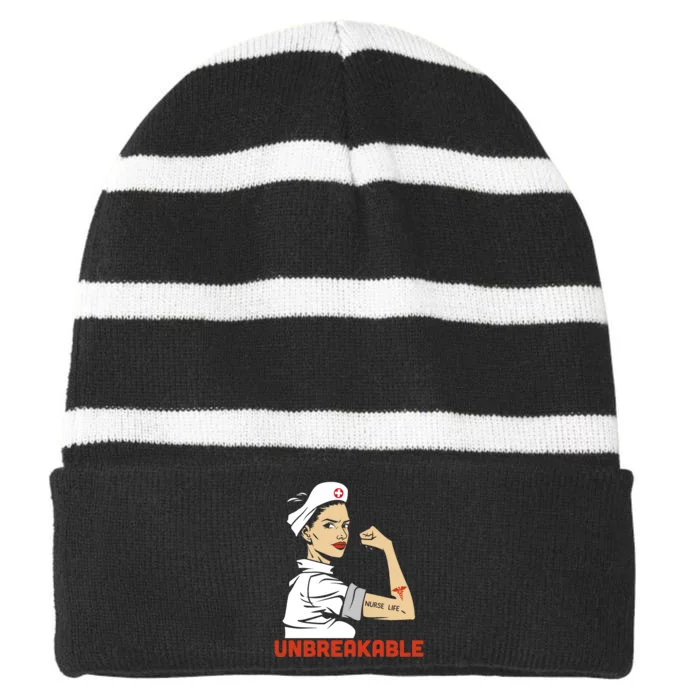 Unbreakable Nurse Life LPN RN Funny Nursing Gift Mothers Day Striped Beanie with Solid Band