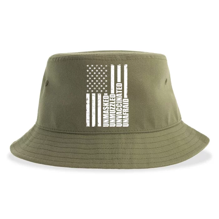 Unmasked Unmuzzled Unvaccinated Unafraid US Flag Sustainable Bucket Hat