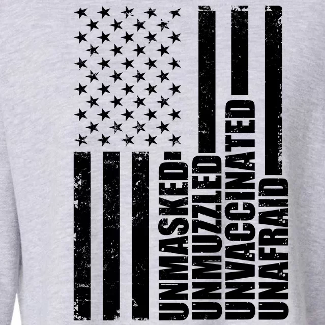 Unmasked Unmuzzled Unvaccinated Unafraid US Flag Cropped Pullover Crew