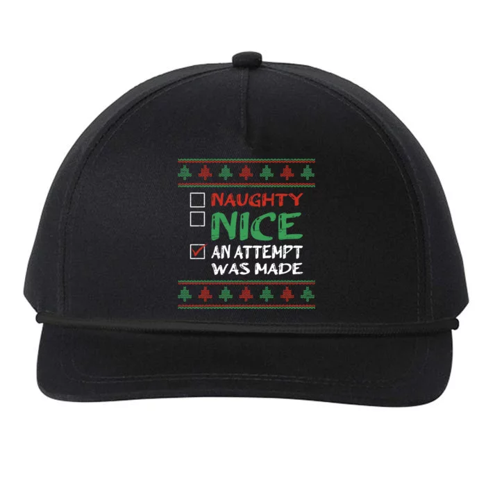 Ugly Naughty Nice An Attempt Was Made Christmas Xmas Holiday Gift Snapback Five-Panel Rope Hat