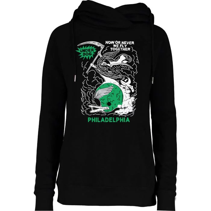 Underdog Now Or Never We Fly Together Philadelphia Womens Funnel Neck Pullover Hood