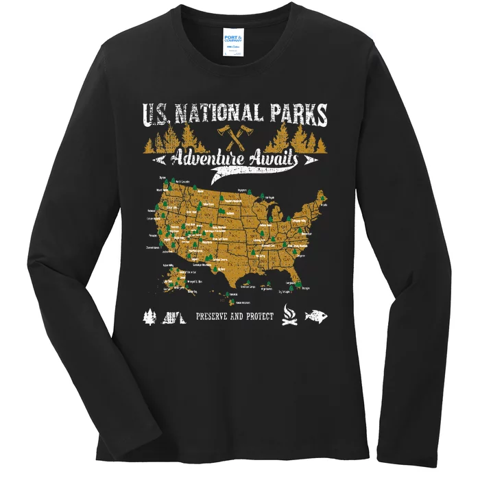 US National Parks Adventure Awaits Hiking & Camping Lover Ladies Long Sleeve Shirt