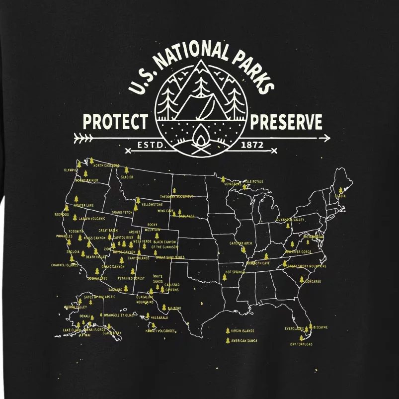 U.S. National Park Camping All 63 US National Parks Map Tall Sweatshirt