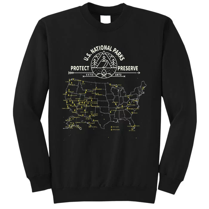 U.S. National Park Camping All 63 US National Parks Map Tall Sweatshirt