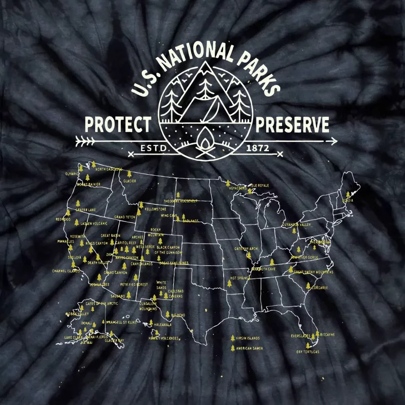 U.S. National Park Camping All 63 US National Parks Map Tie-Dye T-Shirt