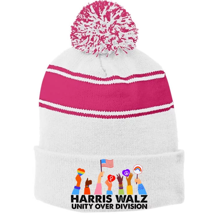 Unity Over Division Harris Walz 2024 Stripe Pom Pom Beanie