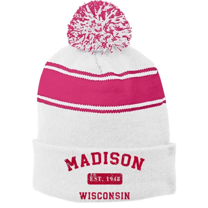 University Of Madison Wisconsin Est 1948 Stripe Pom Pom Beanie