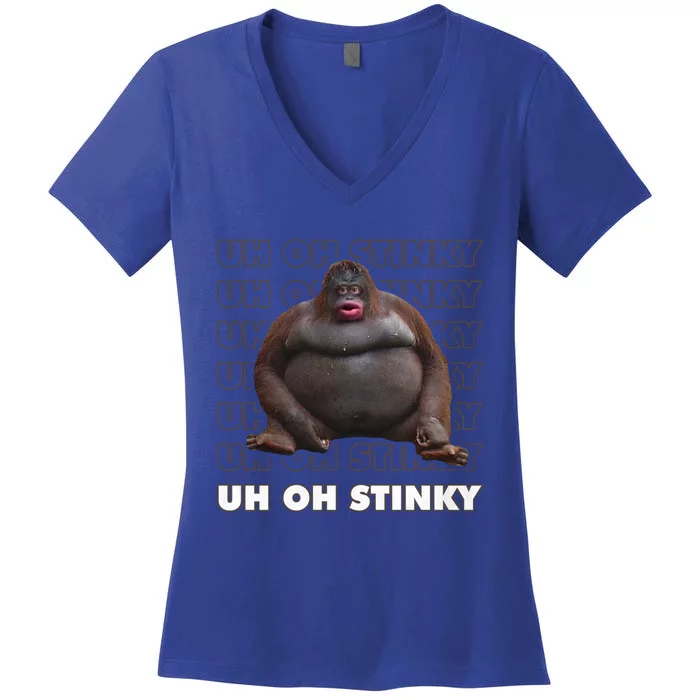 Uh Oh Stinky Poop Meme Funny Monkey Gift Women's V-Neck T-Shirt