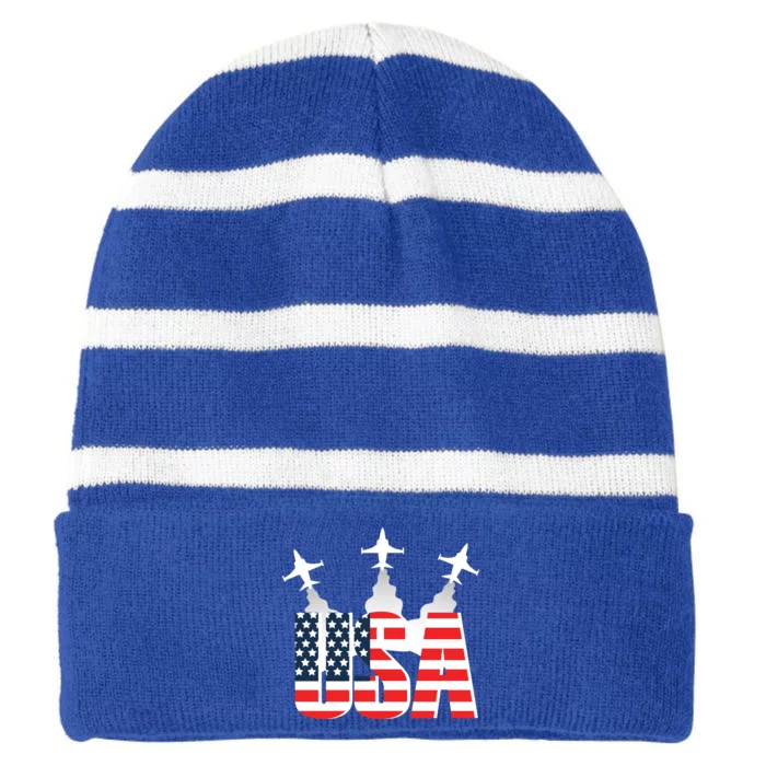 USA Pilot 4th Of July Patriotic Striped Beanie with Solid Band