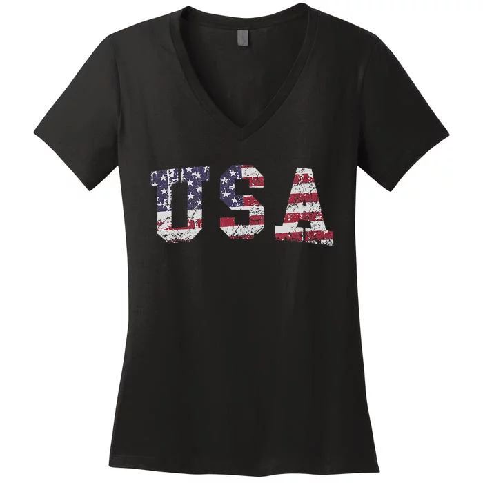 USA Patriotic 4th Of July American Flag Vintage Women's V-Neck T-Shirt