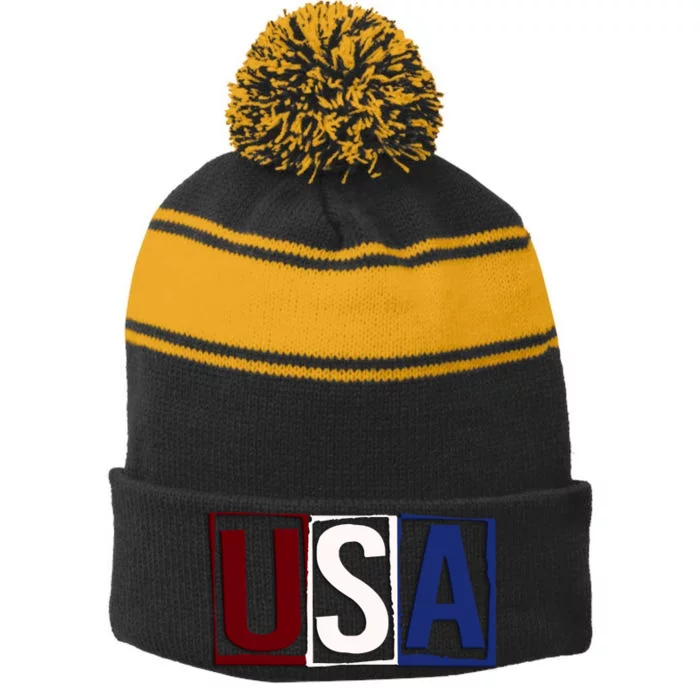 USA Patriotic 4th Of July Stripe Pom Pom Beanie