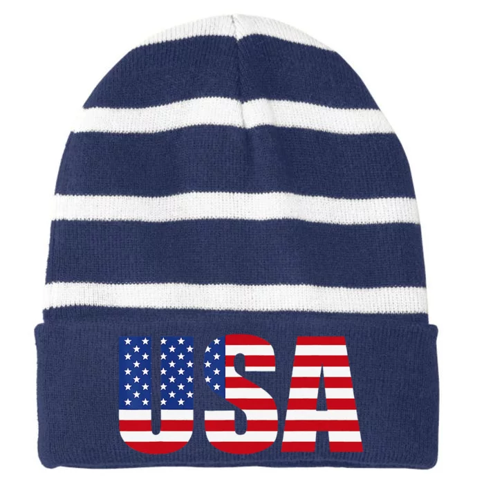 Usa Patriotic American Flag Striped Beanie with Solid Band