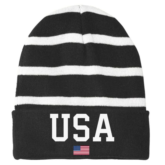 Usa Patriotic American Flag Striped Beanie with Solid Band