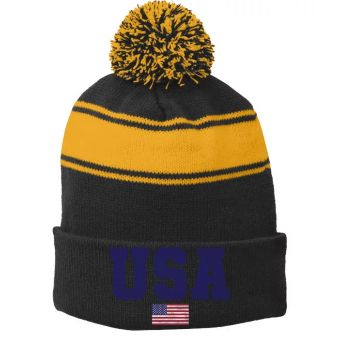 Usa Patriotic American Flag Design In Blue Vtrn Stripe Pom Pom Beanie