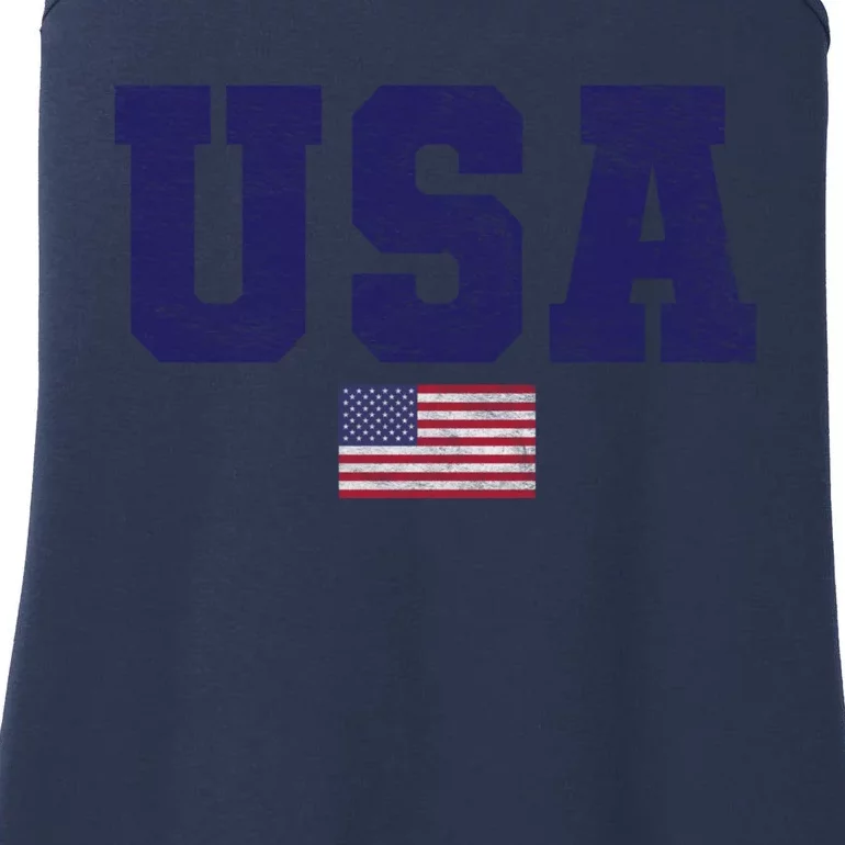 Usa Patriotic American Flag Design In Blue Vtrn Ladies Essential Tank