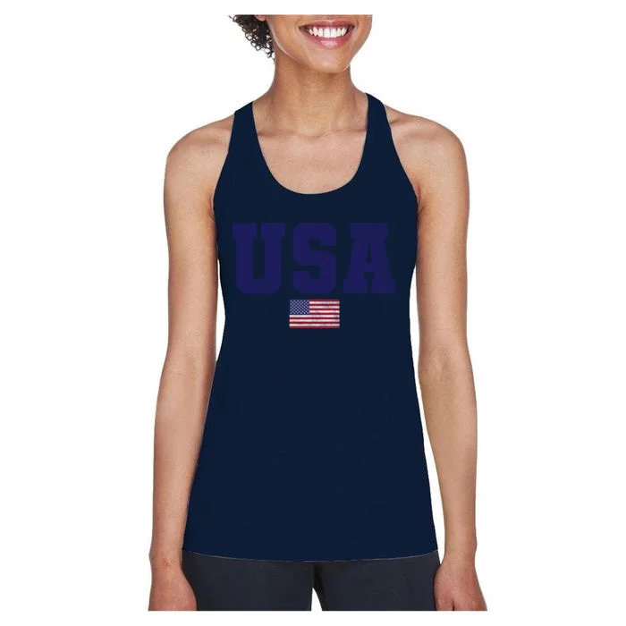 Usa Patriotic American Flag Design In Blue Vtrn Women's Racerback Tank