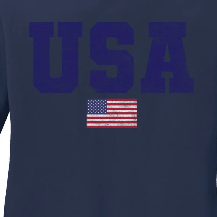 Usa Patriotic American Flag Design In Blue Vtrn Ladies Long Sleeve Shirt