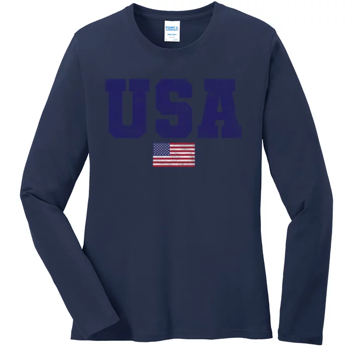 Usa Patriotic American Flag Design In Blue Vtrn Ladies Long Sleeve Shirt