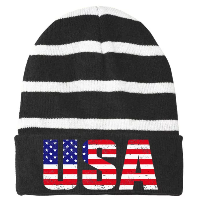 Usa Patriotic American Flag Striped Beanie with Solid Band