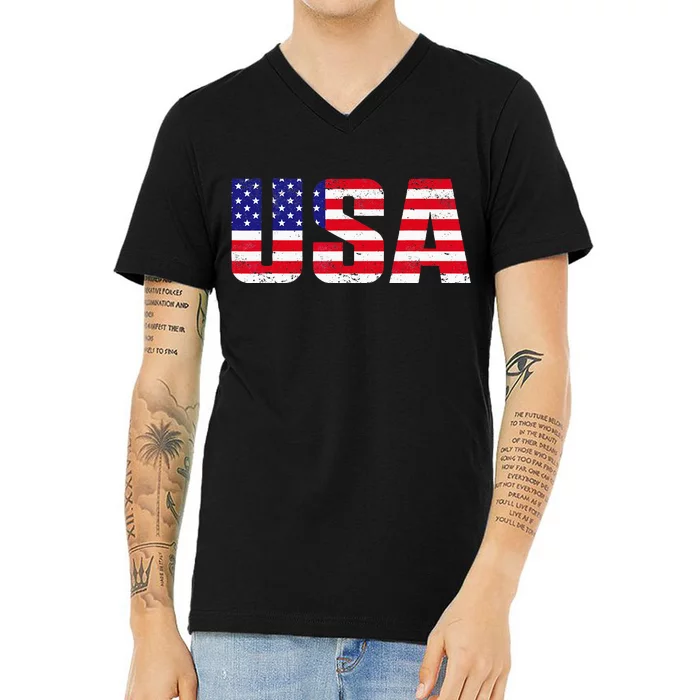 USA Patriotic American Flag For Men Women Kids V-Neck T-Shirt