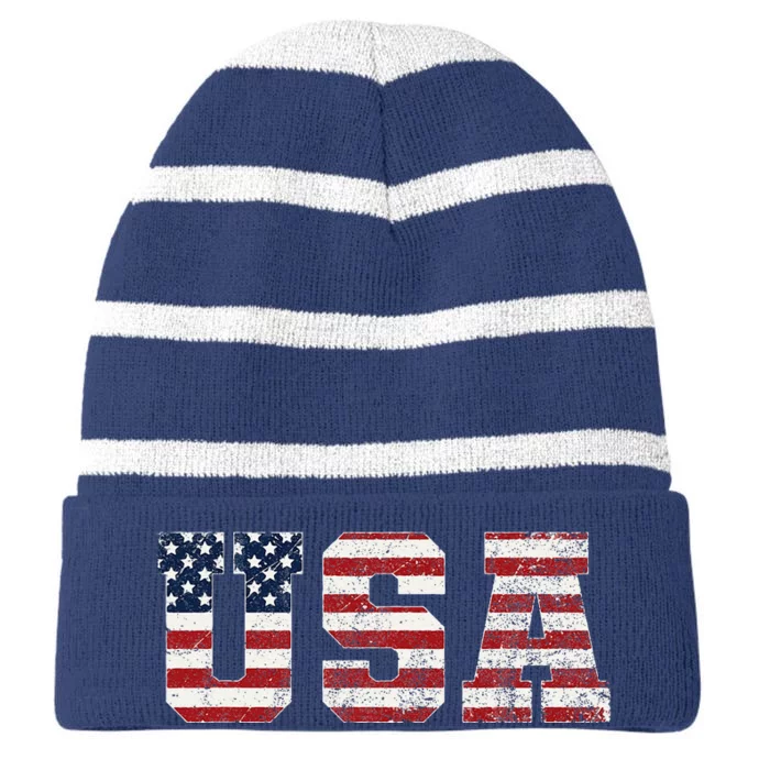 Usa Patriotic American Flag Striped Beanie with Solid Band